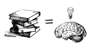 Graphic of a stack of reading books, a brain, and a light bulb to show why I read books